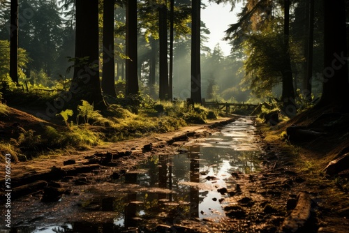 Muddy path winding through forest with trees  water puddle