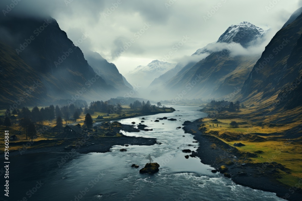 a river flowing through a valley surrounded by mountains on a cloudy day