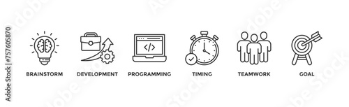 Hackathon banner web icon vector illustration concept for design sprint-like social coding event with icon of brainstorm, development, programming, timing, speed, teamwork, and goal	