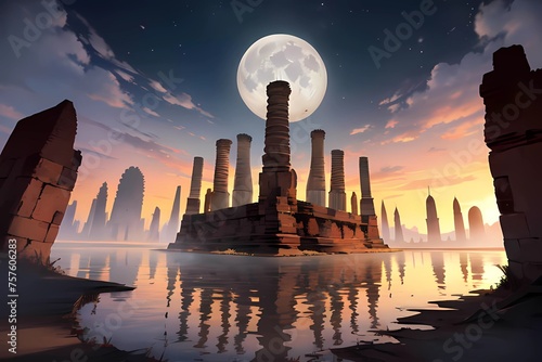 月夜のRPG滅びた都市のケルト風遺跡城ゲーム背景イラスト 