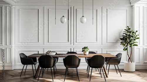  Interior design of modern white dining room. Black chairs and wooden dining table against of classic white paneling wall. clean dining room