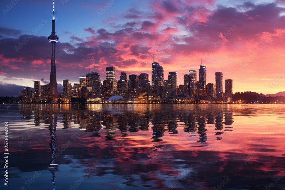 Toronto skyline mirrored in lake at dusk, creating a beautiful natural landscape
