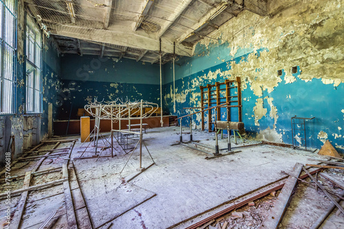 Gym in high school in abandoned military base in Chernobyl Exclusion Zone, Ukraine