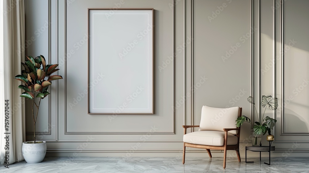 living room. Classic armchair and wall with empty poster frame. Home interior design of mid century living room living room. Classic armchair and wall with empty poster frame. Home interior design of mid century living room