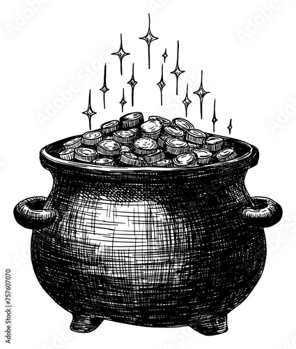 cauldron of gold coins pot isolated hand drawn sketch irish leprechaun folklore legend illustration transparent background for poster web card social media design
