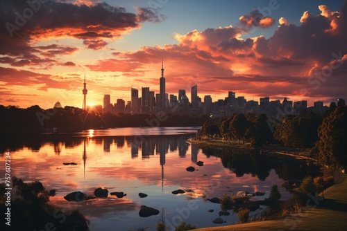 City skyline mirrored in lake at sunset, creating a stunning natural landscape