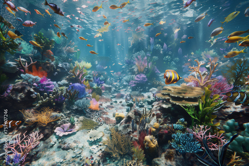 Bustling underwater scene with colorful coral, fish, and marine life in clear waters