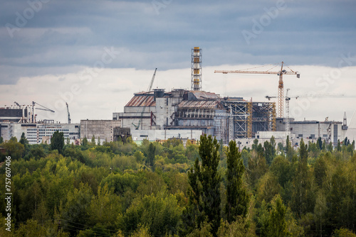 Reactor number 4 of Chernobyl Nuclear Power Plant, view from Pripyat abandoned city in Chernobyl Zone, Ukraine