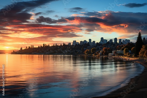 Dusk settles over the lake, city skyline silhouetted against the afterglow