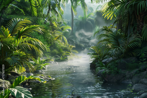 Tranquil and serene morning mist in an untouched, vibrant tropical rainforest scene filled with lush foliage, dense vegetation, and a calm stream flowing through the misty jungle