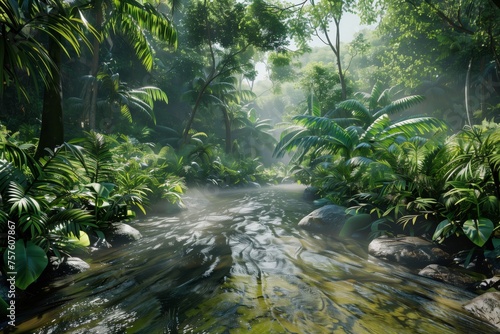 Morning sunlight filters through the foliage  highlighting a serene river surrounded by vibrant greenery