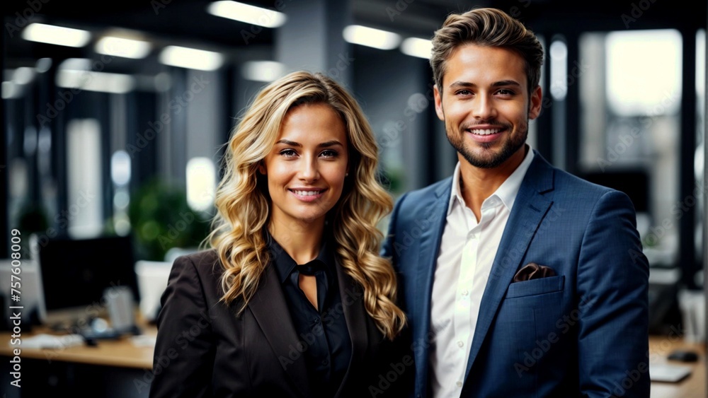 A woman and a man in suits are in a good mood. Employees of a successful company. A woman and a man in suits are in a good mood. Employees of a successful company.