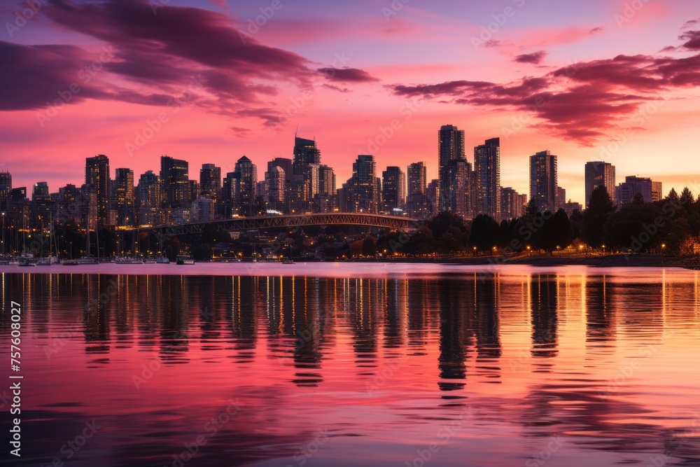 City skyline mirrors in water during sunset, creating a beautiful afterglow