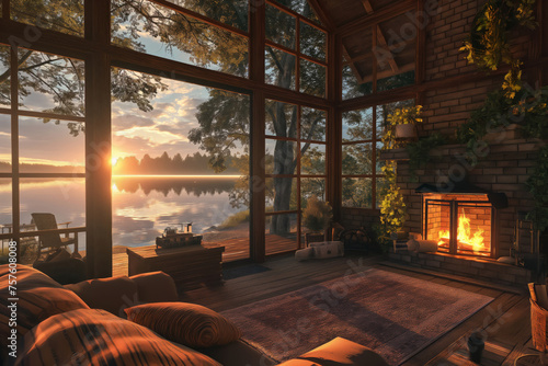 Cozy interior of a rustic lakeside cabin with a warm fireplace, during a golden sunset