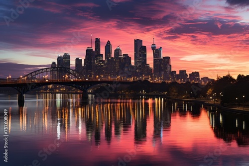 Skyline reflected in water at sunset  creating a mesmerizing afterglow