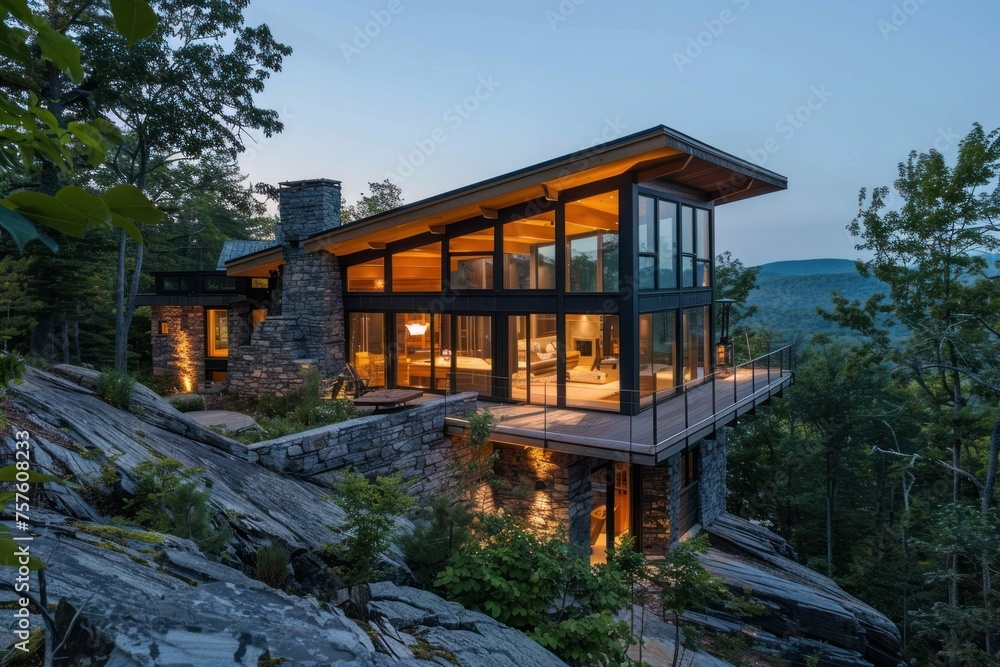 A mountain retreat building designed to blend harmoniously with its natural surroundings A mountain retreat building designed to blend harmoniously with its natural surroundings