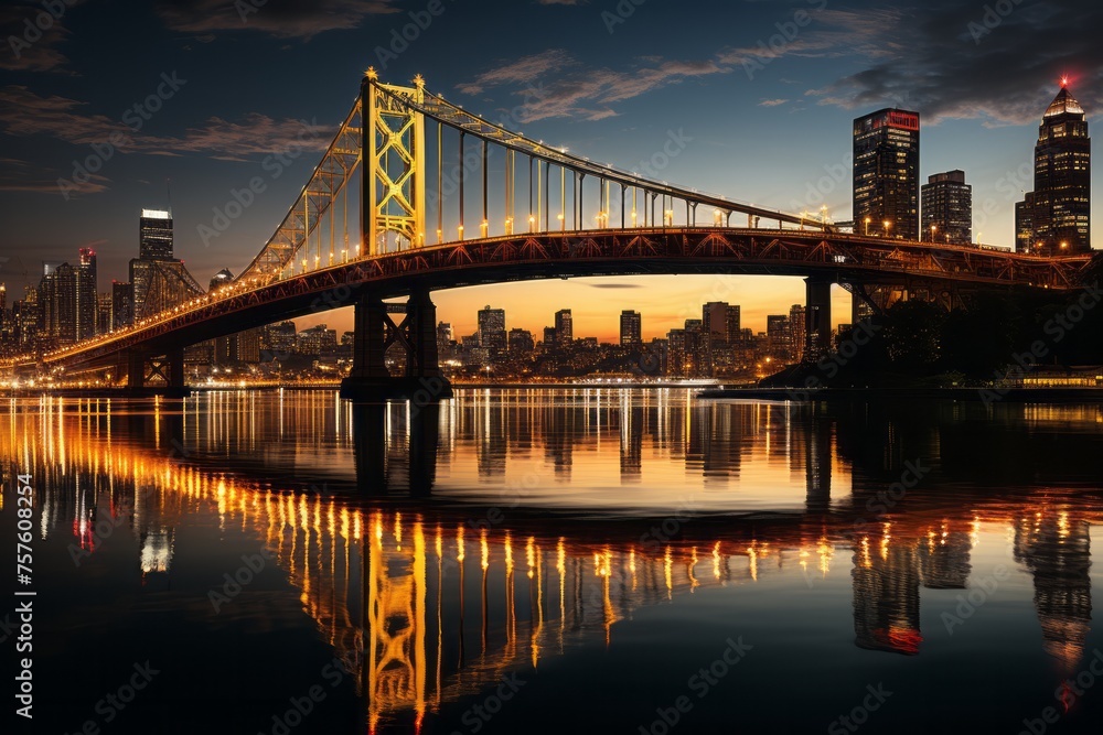 A bridge spanning over water, with a city skyline in the background during dusk