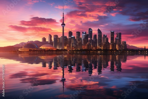 City skyline mirrored in water at sunset, creating a stunning natural landscape