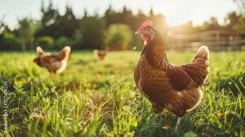 Free range chicken farm and sustainable agriculture. Organic poultry farming. Free range chicken in agriculture grass field