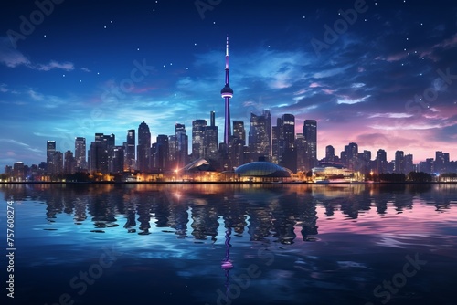 Torontos skyline mirrored in water at night  illuminated by city lights