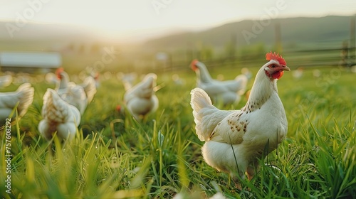 Free range chicken farm and sustainable agriculture. Organic poultry farming. Free range chicken in agriculture grass field