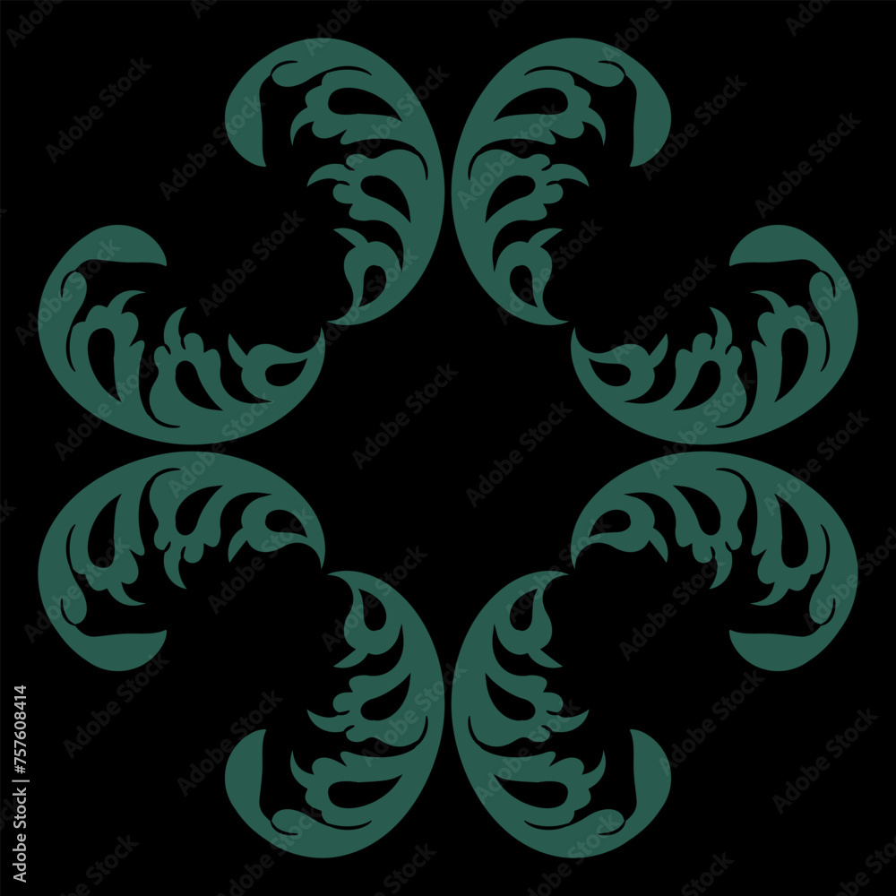 Fototapeta premium Square cross shape frame with stylized leaves. Vintage floral motif. On black background.