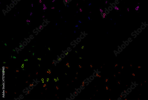 Dark multicolor, rainbow vector backdrop with gender signs.