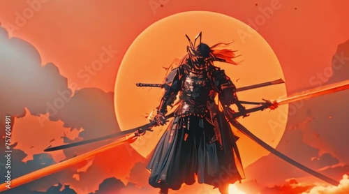 Samurai warrior with two fire swords photo