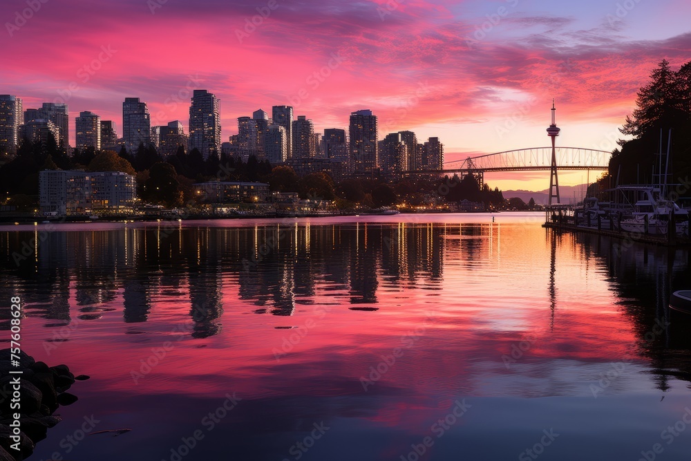 City skyline mirrored in water at sunset, creating a stunning natural landscape
