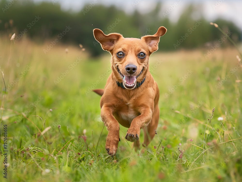 Single little dog running joyfully in an open green field