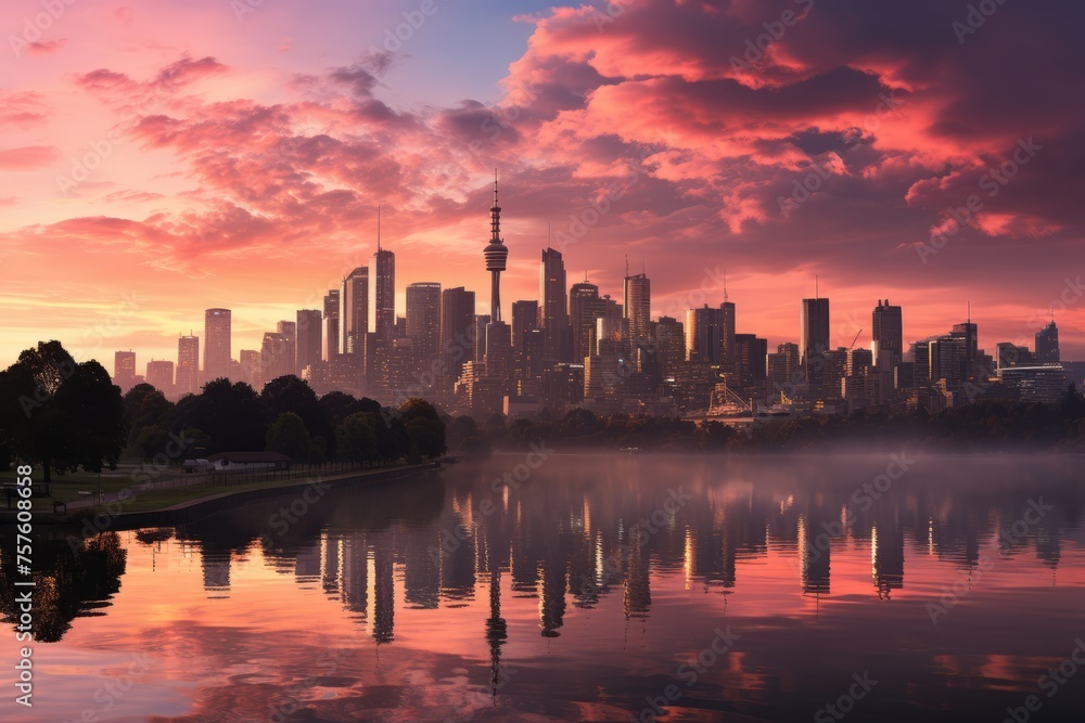 City skyline reflects in lake at sunset, creating a stunning natural landscape