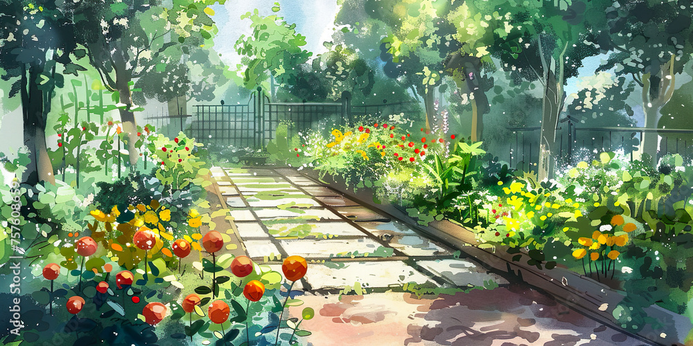 Obraz premium Garden illustration with path towards blacksmith gate, spring