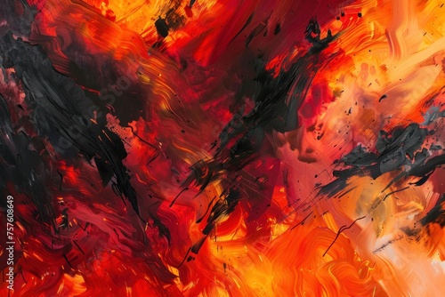 Abstract art of  streaks of red orange and black merging in a chaotic dance