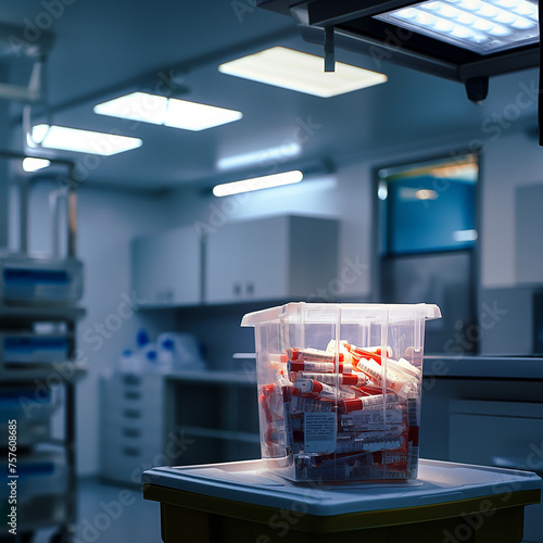 Biohazard medical waste container in a hospital environment photo