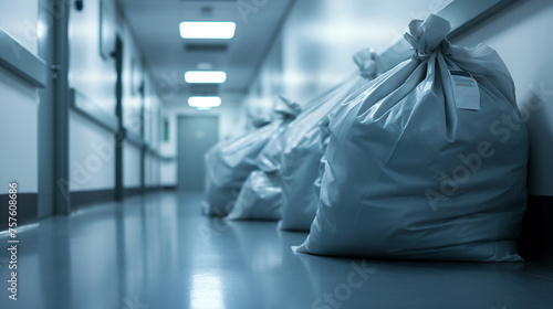 Biohazard medical waste bags lined in a hospital corridor