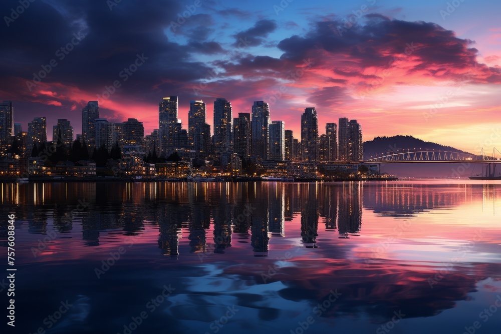 City silhouette mirrored in dusk waters amidst skyscrapers and clouds in the sky