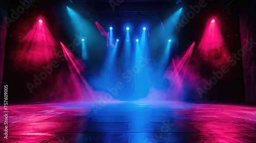Modern stage background with neon spotlight illuminated. Empty stage with dynamic color. Stage lighting art design. Entertainment show © Ilmi