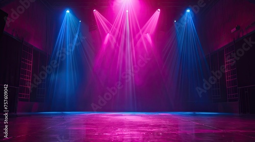 Modern stage background with neon spotlight illuminated. Empty stage with dynamic color. Stage lighting art design. Entertainment show