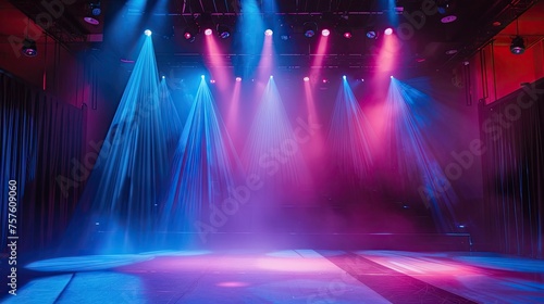 Modern stage background with neon spotlight illuminated. Empty stage with dynamic color. Stage lighting art design. Entertainment show