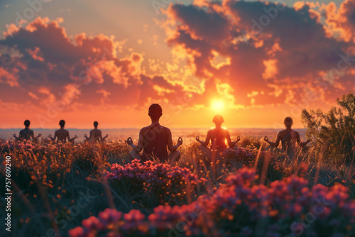 Group of individuals practicing yoga in a tranquil field at sunset