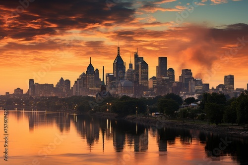 Cityscape reflects in water at sunset, blending buildings with natural landscape © Yuchen