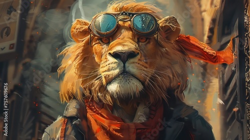 Eccentric Lion A Proud Statement in a Quirky Grassland Illustration