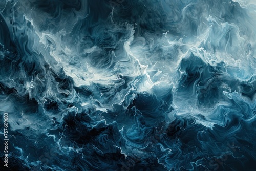 Abstract art of a stormy sea with turbulent blues and greys swirling in a display of nature is power