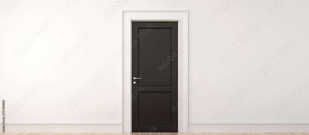 Fototapeta premium A minimalist room with a contrast of a black door against a white wall. The hardwood flooring complements the black door, creating a modern aesthetic