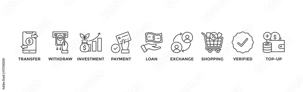 Mobile banking banner web icon vector illustration concept with icon of transfer, withdraw, investment, payment, loan, exchange, shopping, verified and top-up Mobile banking banner web icon vector illustration concept with icon of transfer, withdraw, investment, payment, loan, exchange, shopping, verified and top-up