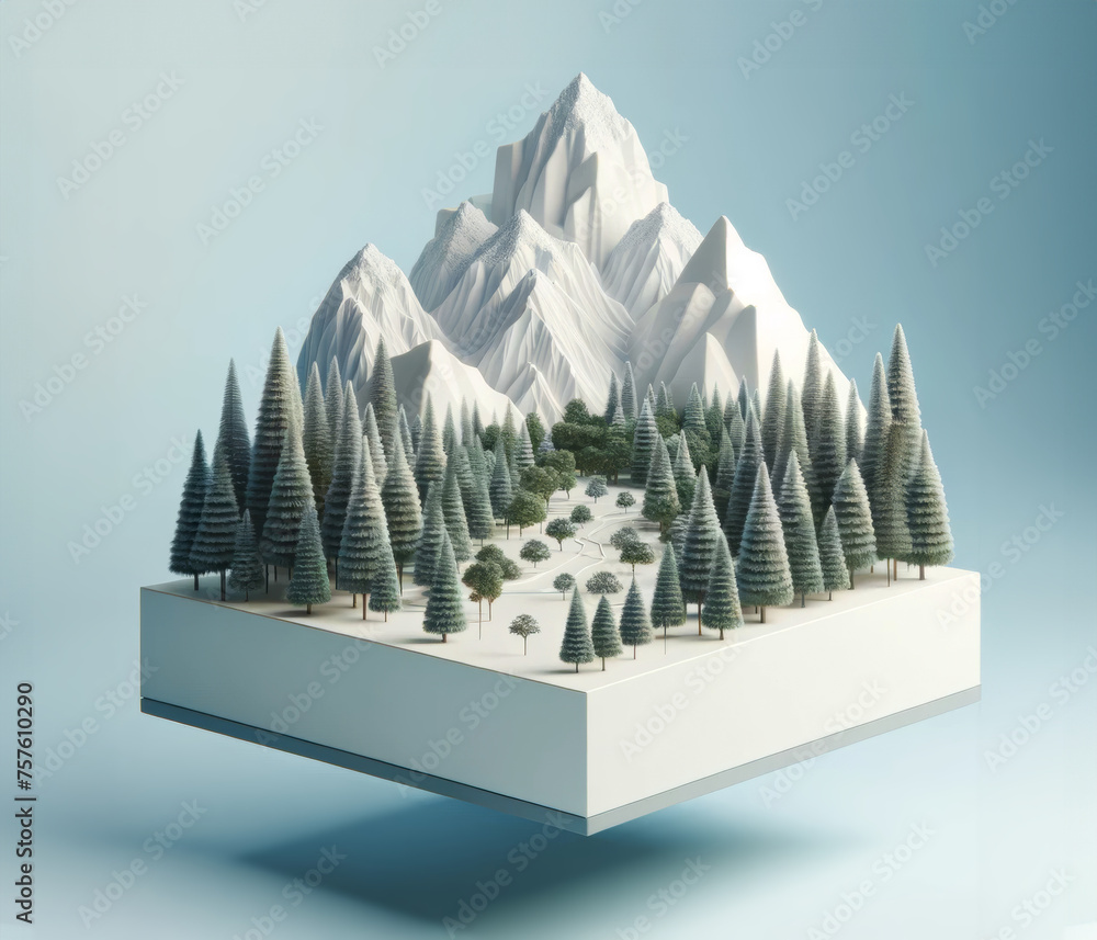 Illustration minimaliste d'un paysage montagneux et forêt sur un socle en lévitation - obrazy, fototapety, plakaty 