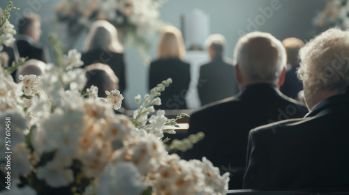 Solemn funeral service, casket adorned with flowers, attendees in mourning
