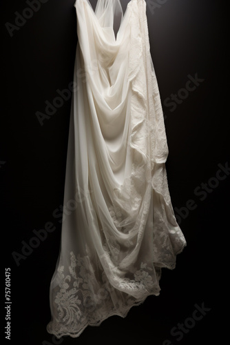 Exquisite white lace fabric elegantly draped over a dark slate background
