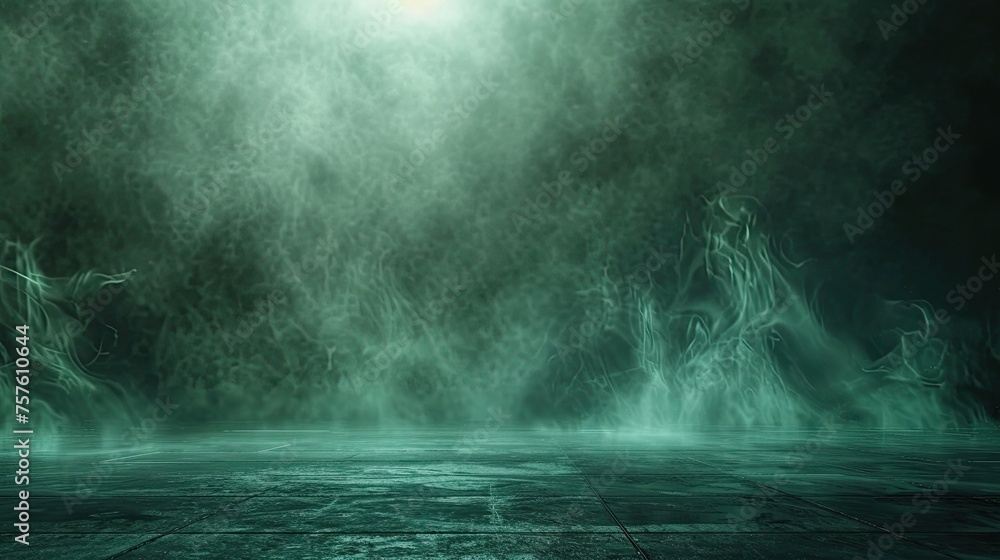 Dark green background fog and light on floor. Mystical mist. smoke in dark room. Banner show product	