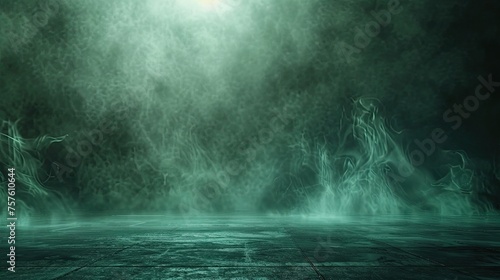 Dark green background fog and light on floor. Mystical mist. smoke in dark room. Banner show product  © Ilmi